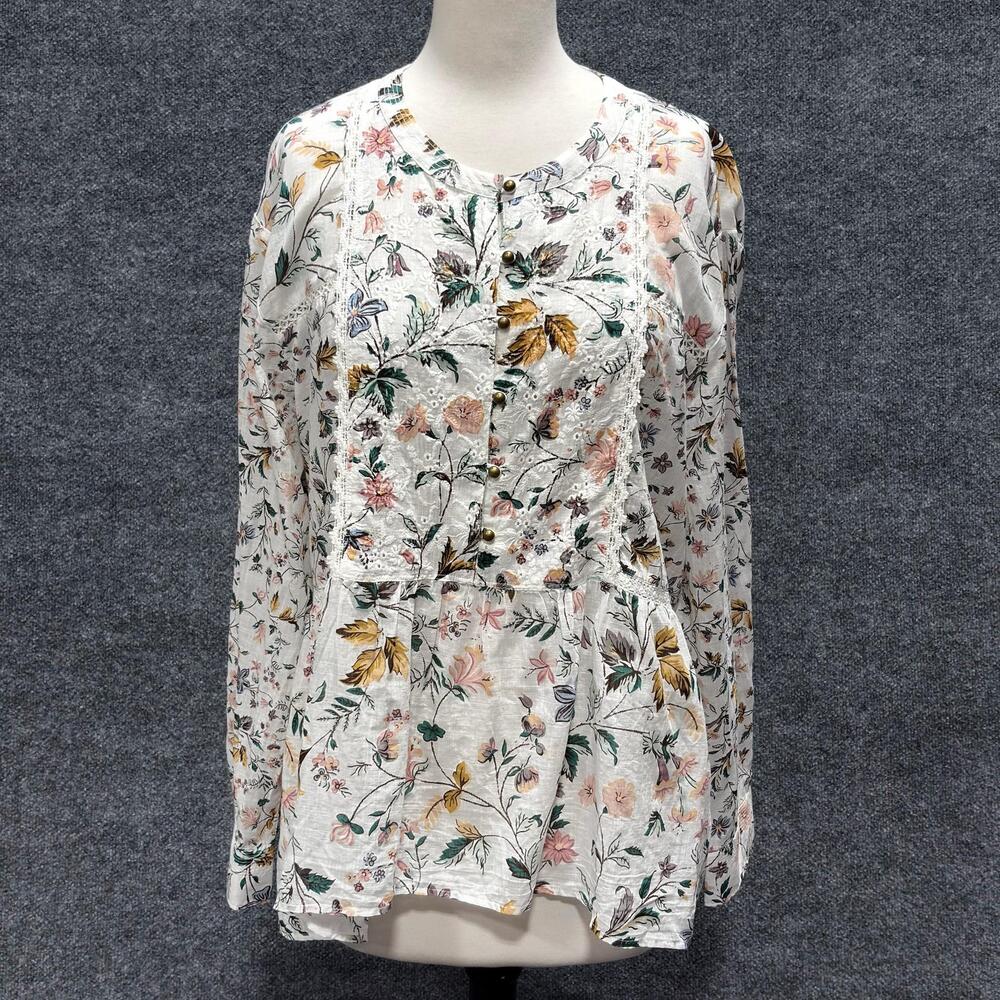 Anthropologie Blouse Womens L Multicolor Floral Embroidered Tunic Top Cotton